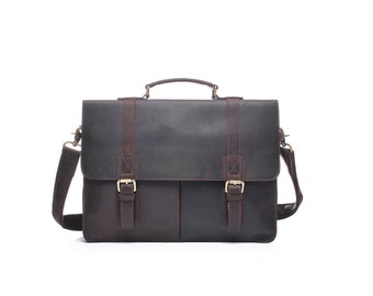 Large dark brown leather laptop bag with buckle flaps / handmade leather laptop bag / 15" laptop leather bag
