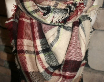 Plaid Tartan Blanket Scarf Maroon and Cream Plaid Scarf Christams Gift Scarves Zara Style Plaid Bloggers Favorite-New Color