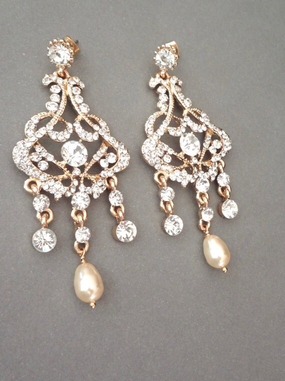 Gold pearl chandelier earrings Brides by QueenMeJewelryLLC