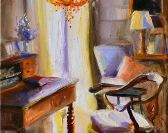 BUREAU EN BOIS, Original painting of French Window scene, wooden desk, interior art,