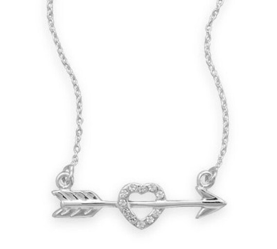 Sterling Silver 16 inch Arrow with CZ Heart Necklace