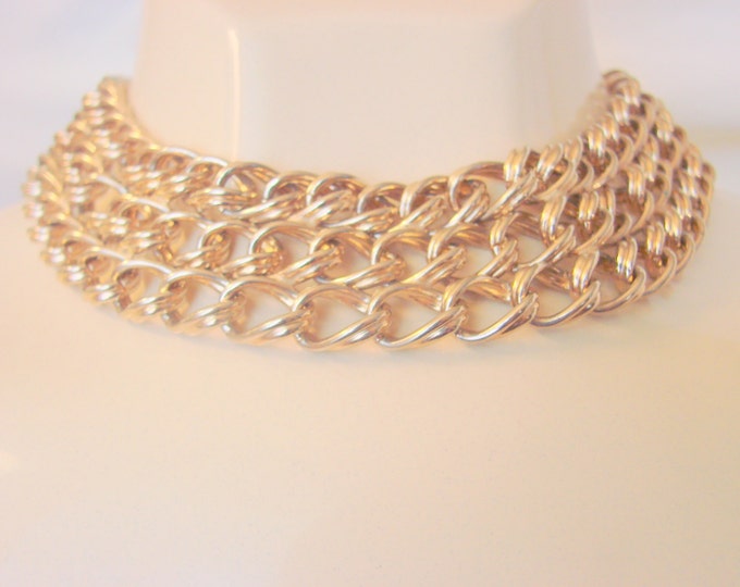 Chunky Vintage Modernist Bib Choker Necklace / Multi Strand / Goldtone Links / Jewelry / Jewellery