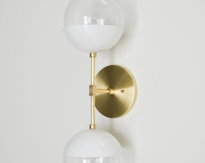 Modern Brass Light - Duel modern White + Brass wall sconce with glass globes - Delphine