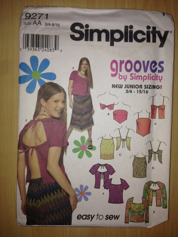 Simplicity 9271 Sewing Pattern 2000 Grooves Eaasy to Sew Uncut Juniors Tops Size 3/4-9/10