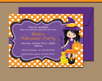 Cute Halloween Invitations, Halloween Invites, Halloween Printables, Kids Halloween Birthday Party Invitations, Girl Witch Invites WDS