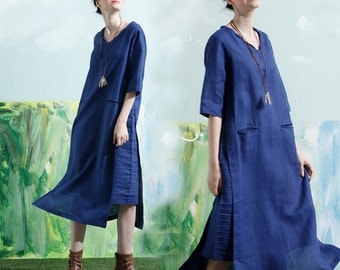 Pleated Linen Dress in blue / Long linen winter dress / maxi