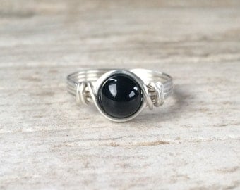 On Sale Black Onyx Ring, Sterling Silver Filled Ring, Wire Wrapped Ring, Gemstone Ring, Stone Ring