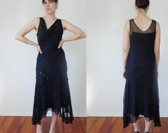 Vtg 90s does 30s WITCHY Bias Cut SILK Dress with Flower APPLIQUES, Medium