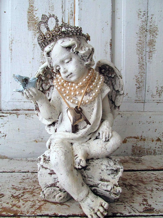 Angel statue holding bluebird w/ French tiara farmhouse cherub