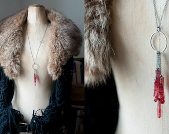 Blood moon, sterling silver necklace with crimson coloured rough quartz points, long chain, blackened silver moon necklace.