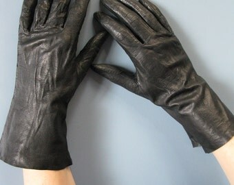 Vintage Black Leather Gloves Ladies Kid Leather Driving Gloves