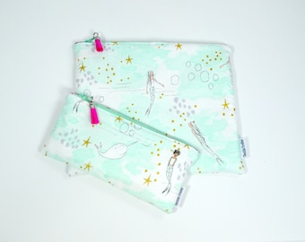 Toiletry bags, wash bags, wet bag, make up bag, zippered pouch, pencil case, diaper clutch, waterproof, bag, kids, children, mermaids, girl