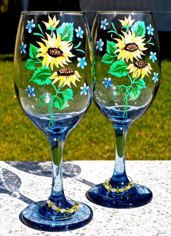 Painted Wine Glasses With Sunflowers And Crystal by ipaintitpretty
