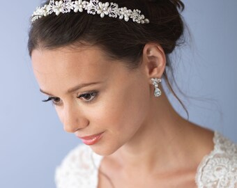 Rhinestone Bridal Headband, Freshwater Pearl Wedding Headband, Floral Headband, Silver Headband, Hair Accessory, Bridal Headpiece ~TI-3242