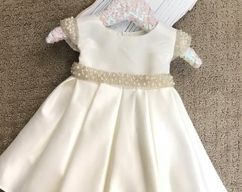 Vintage Flower Girl Dress White or Ivory Satin flower girl dress Christening Baptism Baby Dress white satin baby dress dedication ceremony