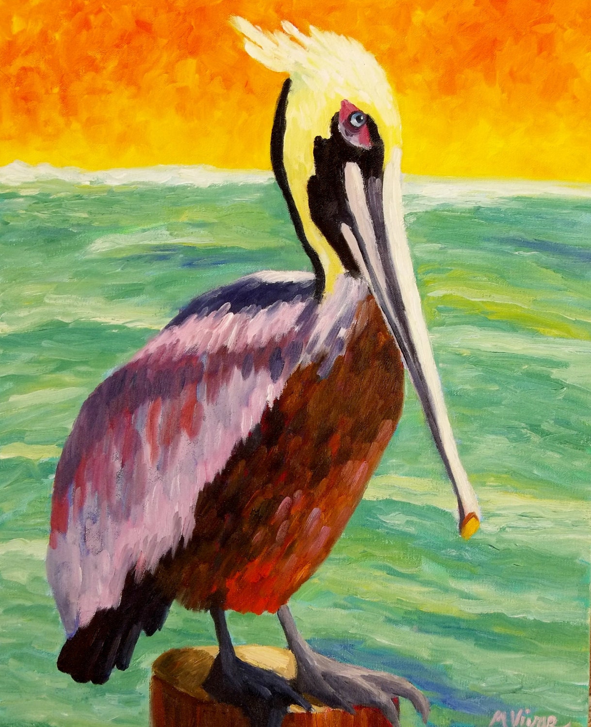 Pelican art original painting beach house decor bird