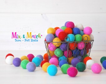 3CM Wool Felt Balls - Mix and Match Pack - 100% Wool Felt Balls - (3cm/30mm) - Colorful Felt Balls - Rainbow Felt Balls - Medium Felt Balls