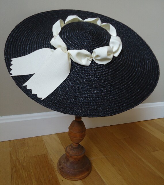 Black Colonial Hat with Vintage White Ribbon Trim