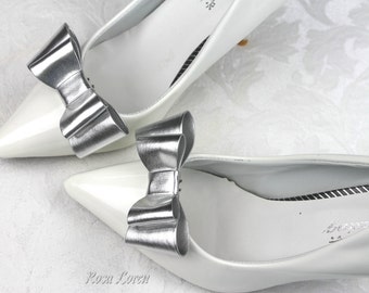 Metallic Silver Shoe Clips, Metallic Silver Bow Shoe Clips, Silver Shoe Clip Bows, Designer Shoe Bows