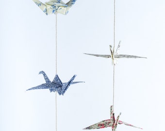 2 Origami cranes garland, fabric cranes, vertical wall art, bird home decor, crane mobile, origami wedding, good luck gift, paper crane bird