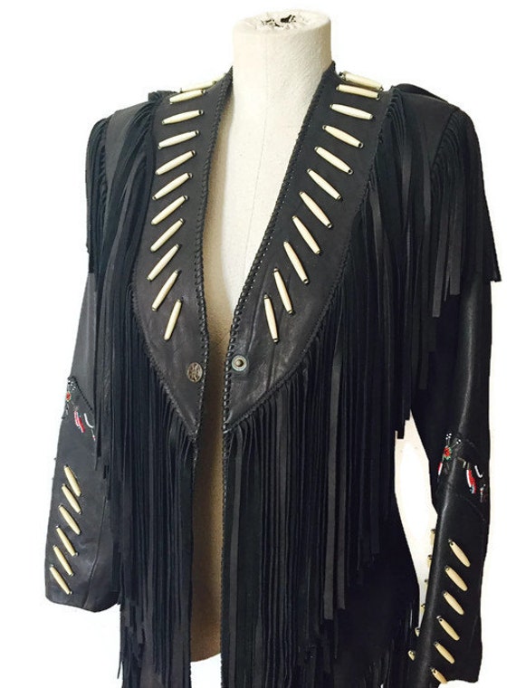 Vintage Leather Rock N Roll Fringe Beaded Jacket SMALL Native