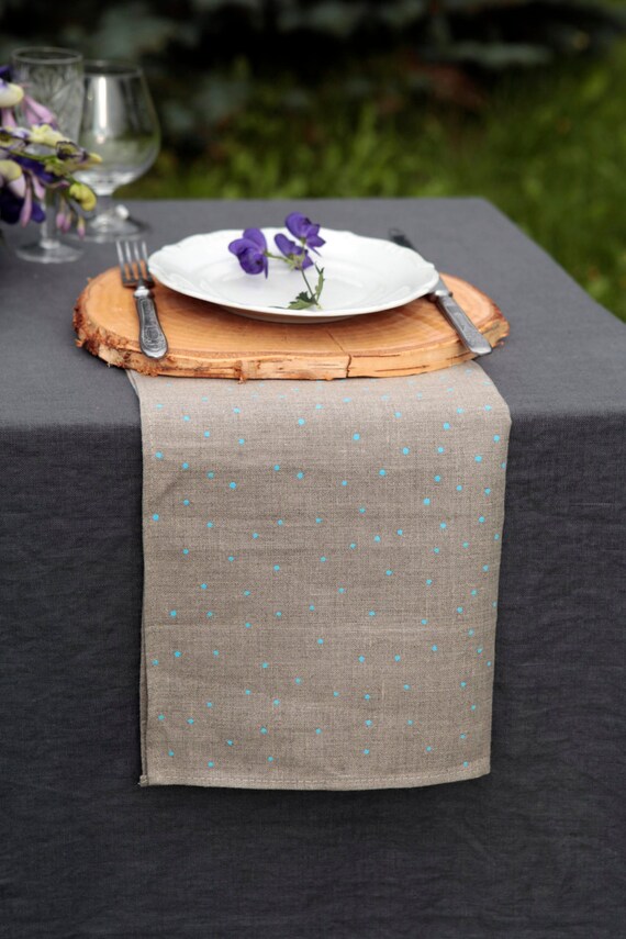 Linen Napkins . Linen fabric . Hand print blue spots, dots natural grey , Eco-friendly Christmas Gift Idea