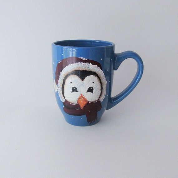 Whimsical Penguin Coffee Mug Extra Large 16 oz Blue Cup