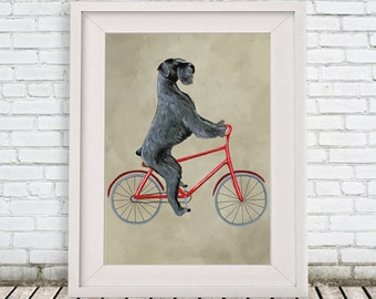 Giant Schnauzer Print, schnauzer Illustration Art Poster Acrylic Painting Kids Decor Drawing Gift, Dog on bicycle, bicycle print