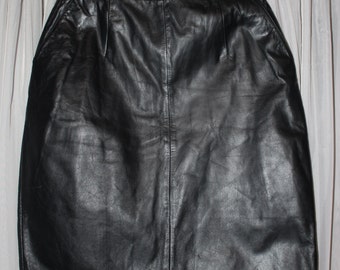 Vintage 1980's Jacqueline Ferrar Black Leather Pencil Skirt