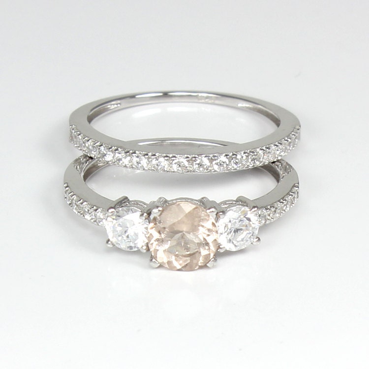 Natural Morganite and Diamonds Engagement Ring Set Sterling Natural Morganite and Diamonds Engagement Ring Set Sterling