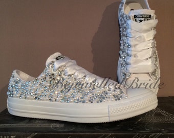Wedding Converse all white & Fully covered in Crystal + Pearl, added Swarovski, all sizes available