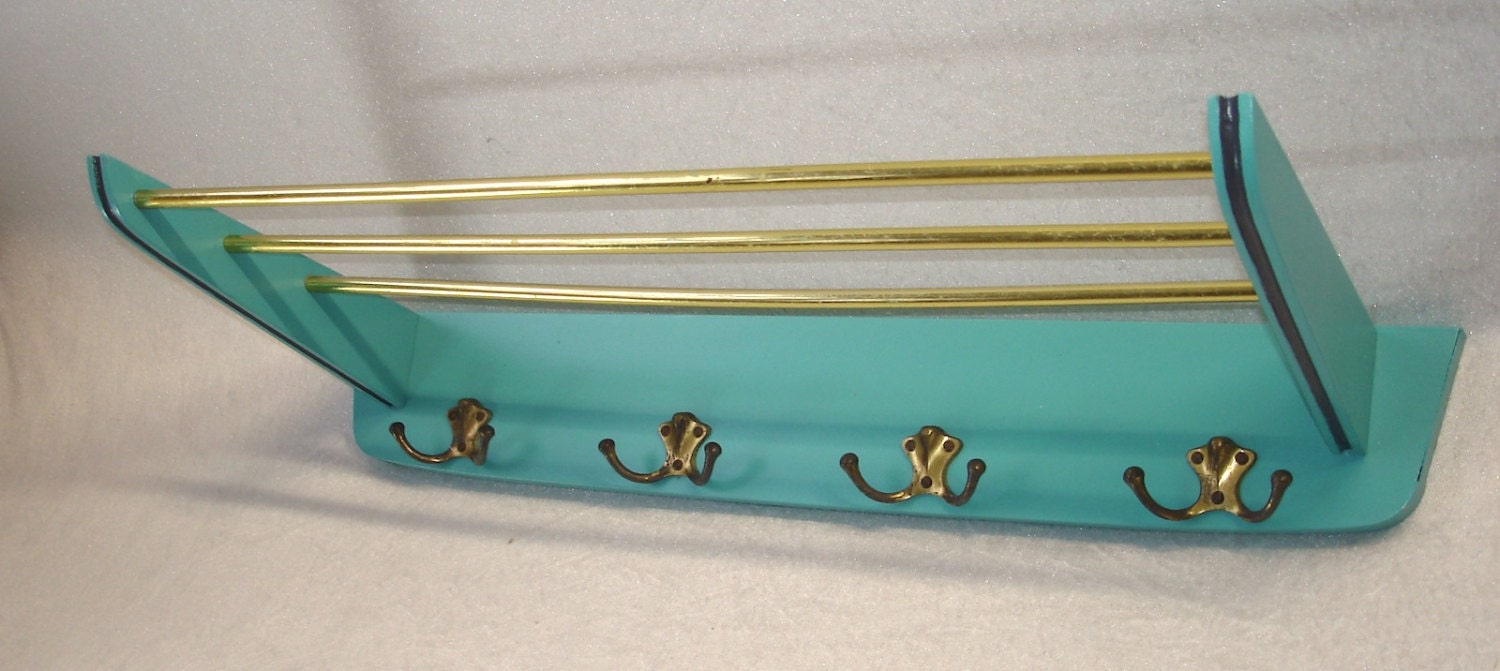 Turquoise Coat Rack 50s 60s Hallway Coat & Hat Rack, Turquoise and Brass, Mid-Century ...
