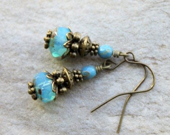 Victorian Earrings Rustic Vintage Unique Boho Earrings Aqua Blue Czech Glass Beads Antiqued Brass Dangles Unique Urban Chic Jewelry