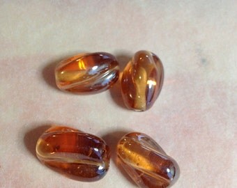 2 Vintage Czech Glass Light Caramel/Peach Twist Beads - Large 15mm x 22mm