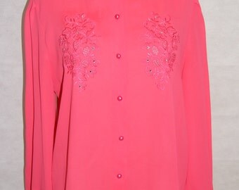 Vintage 1970s Ladies Pink Sheer Shirt Blouse with Floral Embroidery Detail - Size 14