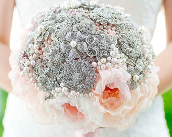 Custom Pearl Brooch Bouquet, Peach Blush Fabric Bouquet, Fabric Flower Bridal Bouquet, Silver Jeweled Bouquet, Alternative Bouquet - 11 inch