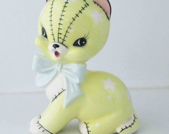 Stitch Kitty Cat Planter Lemon Yellow Vintage Kitsch Retro 1960s (Lefton or Napco?)