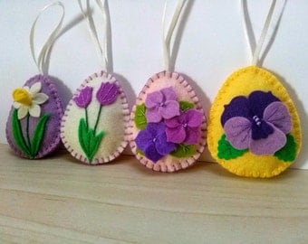 Felt Easter decoration, Felt Easter eggs with flowers, tulip, daffodil, pansy, Easter ornaments, Felt Easter decor / set of 4