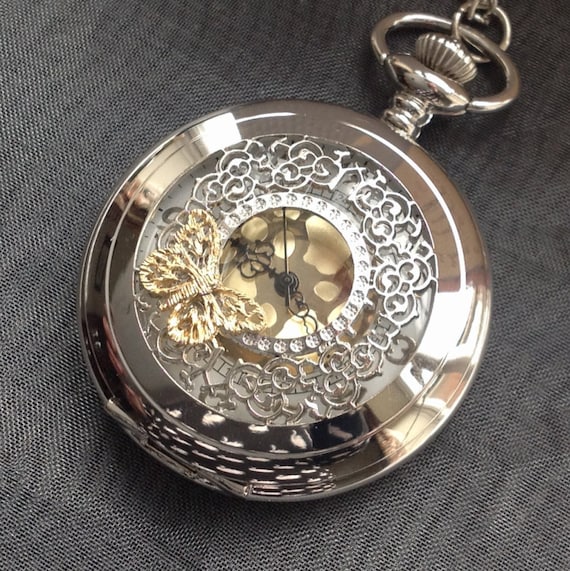 Silver Butterfly Watch Necklace, Butterfly Pocket Watch Necklace, Steampunk Pocket Watch Necklace by LunaSparksBoutique steampunk buy now online