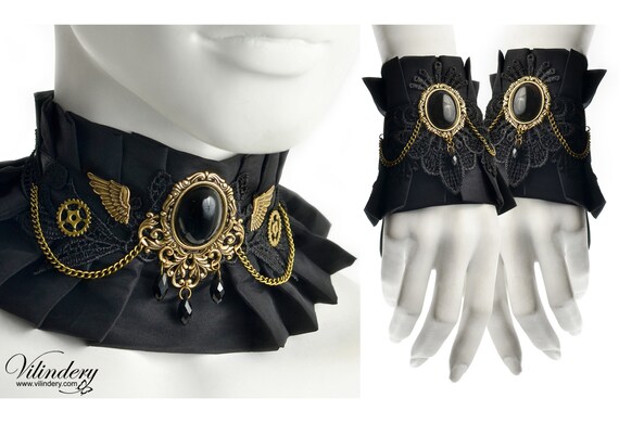 Black Steampunk jewelry set with Agate gemstone - Choker and a pair of cuffs with Onyx stone, Soft fabric collar, Cute Wedding neck corset by Vilindery steampunk buy now online