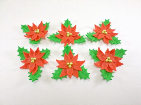 Christmas Topper Flowers Edible Poinsettia Cake Cupcake Fondant Decor 