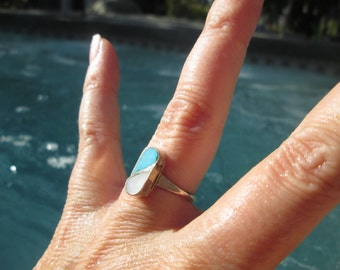 Turquoise, Mother of Pearl and Sterling Inlay Ring Size 5.5