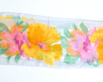 Vintage Vera Neumann Floral Scarf - Rectangular Sheer Scarf with Yellow, Orange Floral Pattern