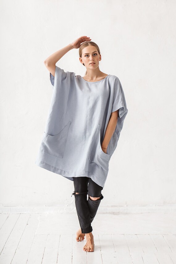 Oversized Dusty Blue Linen Tunic Linen Tunic Tunic Minimal 3874