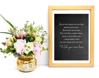 Wish You Were Here- Pink Floyd Wall Art- Music Art- Lyrics Print- 8X10 Wall and Home Decor