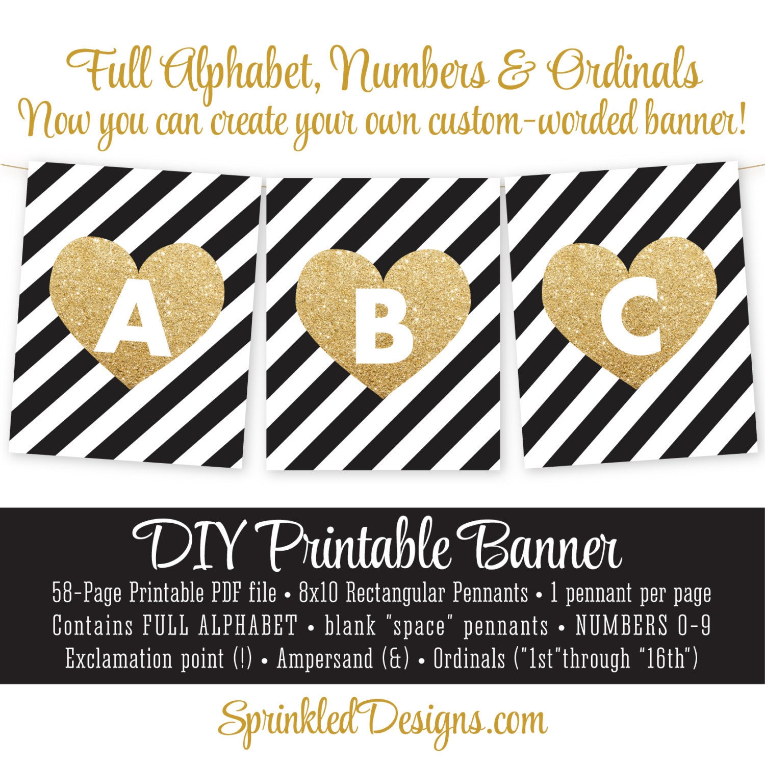 black white gold glitter heart pennant banner i am 1