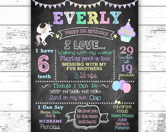 Unicorn First Birthday Chalkboard - Personalized Chalkboard - Any Age - 1st Birthday Photo Prop - Pastels - Digital File