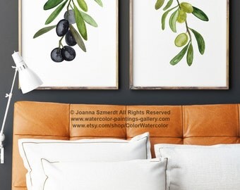 Olive Tree 2 Art Prints Set, Black Olive Fruit Watercolor Painting, Green Kitchen Sign Wall Decor, Olives Women Gift Idea Fruits Chart