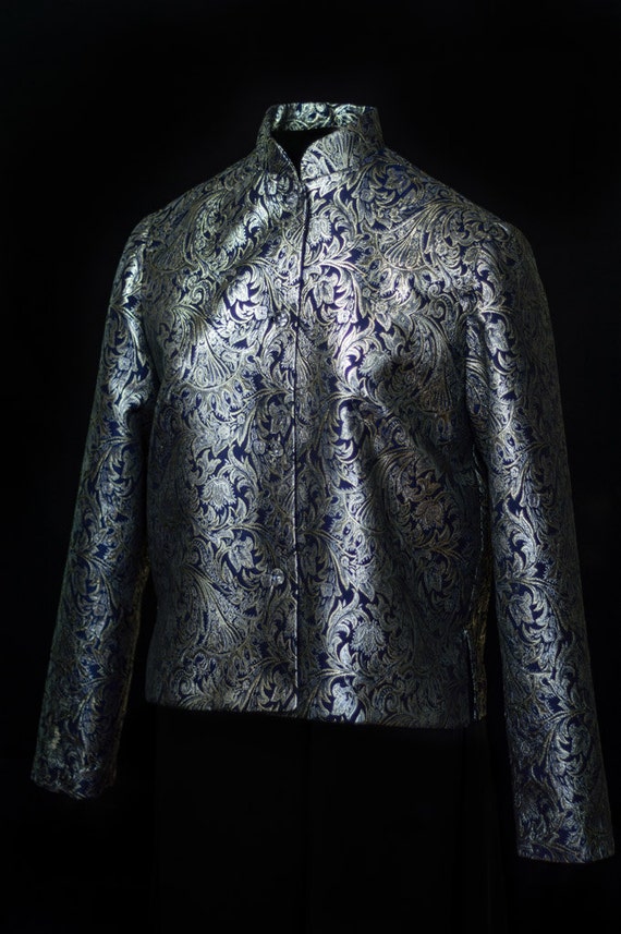 Women's Silver and Navy Brocade Jacket