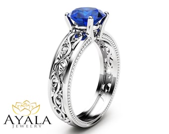 1.5ct Blue Sapphire Engagement Ring Unique Filigree Engagement Ring 14K White Gold Natural Sapphire Ring